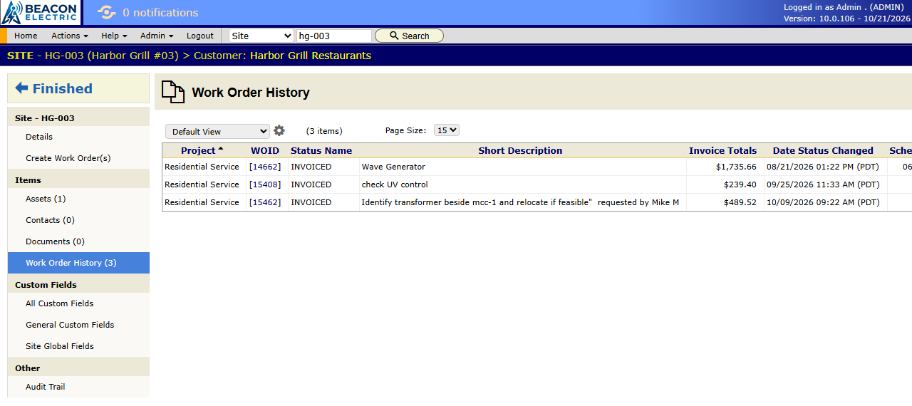A site record open on its Work Order History. The left panel also holds the contacts, documents and assets for that one location