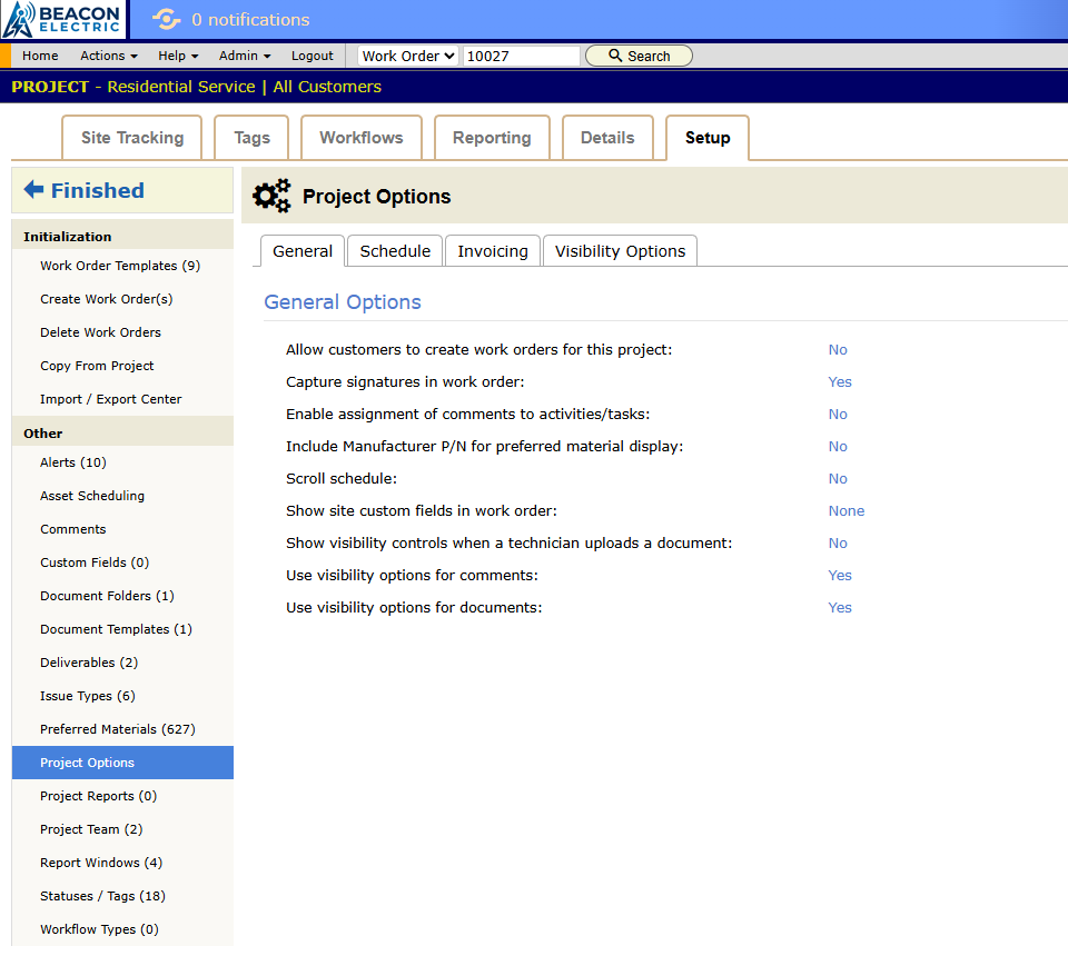 Project Setup for a project. Its left panel lists the statuses, custom fields, templates, alerts and other settings that belong to that line of work