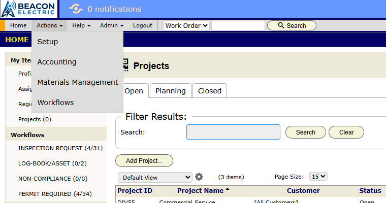 The Actions menu open, with Setup, Accounting, Materials Management and Workflows