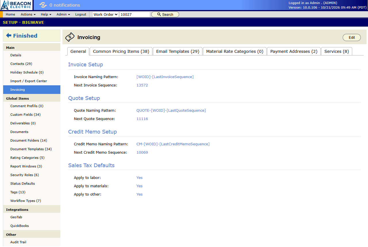 The Invoicing panel under Setup, open on the General tab. It sets the naming pattern and next number for invoices, quotes and credit memos.