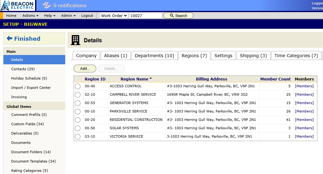 The Regions tab under Setup, Details. Each region has a billing address, a member count and a Members link.