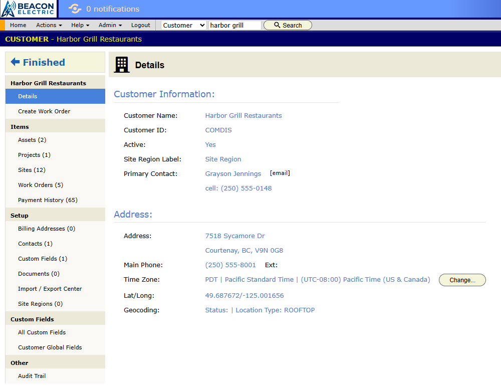 A customer's screen open on Details. The left panel shows the Items group and the Setup group.