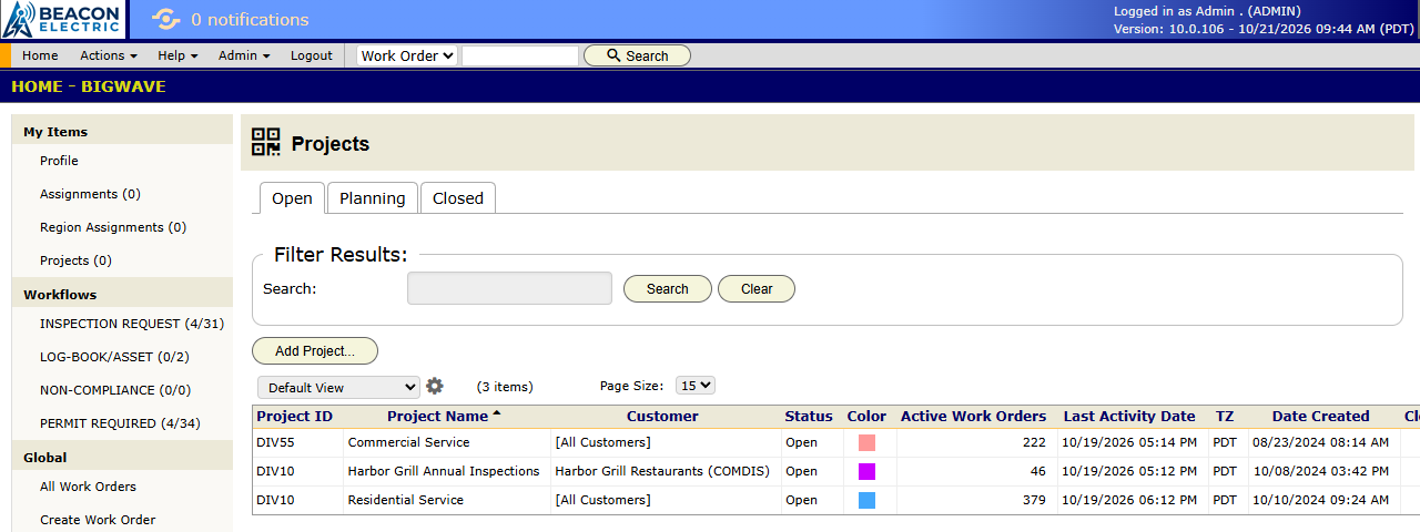 The Projects list on the Home screen, with Commercial Service, Residential Service and Harbor Grill Annual Inspections and the Add Project button