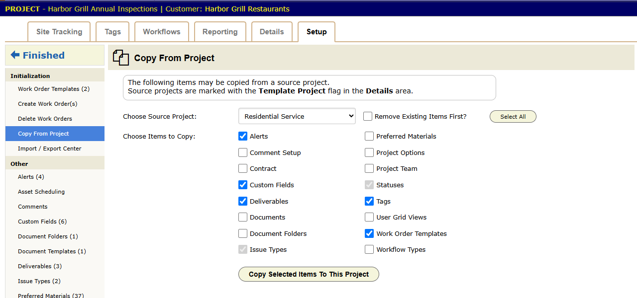 The Copy From Project panel, with Residential Service chosen as the source and a checkbox for each part of the setup to copy