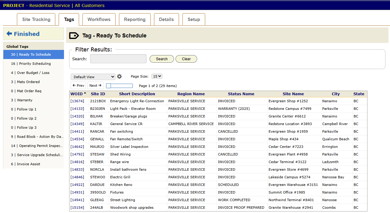A project's Tags tab. The left panel shows each tag with its work order count, and the grid lists the work orders for the chosen tag