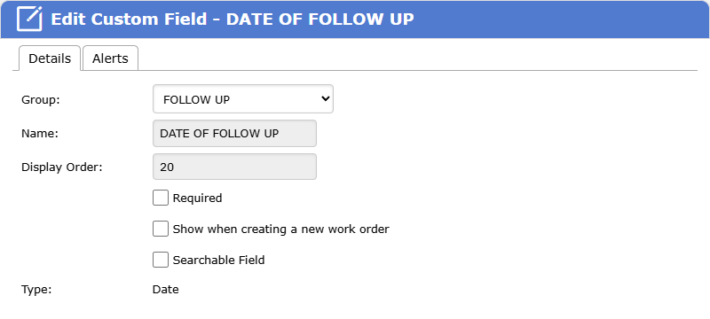 A date custom field open on its Details tab, with Group, Name, Required and the data type. Date fields also have an Alerts tab
