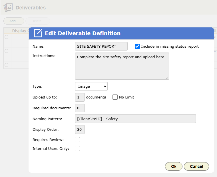 A deliverable definition open for editing, with the Upload up to, Required documents, Naming Pattern and Requires Review settings