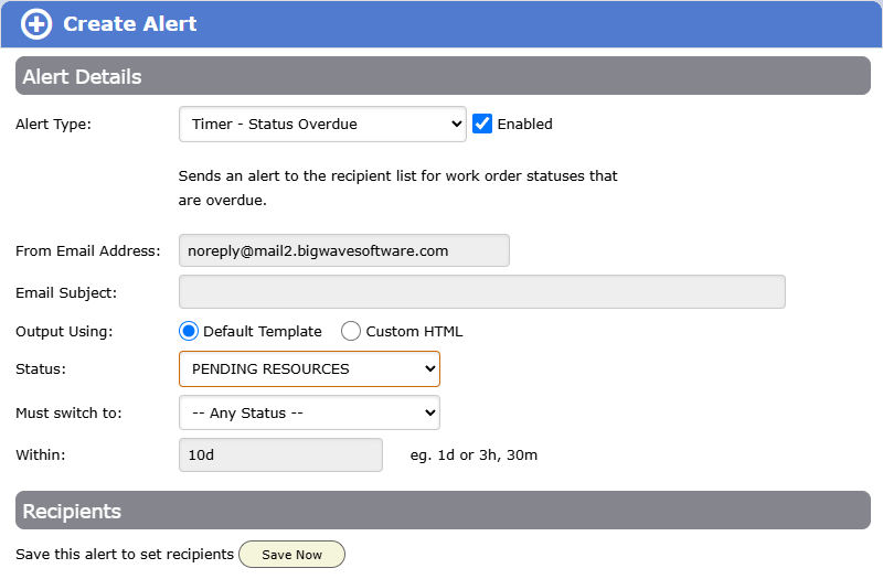 A new alert in the Create Alert dialog. The Alert Details section shows a Timer - Status Overdue alert with its status and time limit