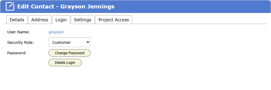 A contact open for editing on the Login tab, with the User Name, the Security Role and the Change Password and Delete Login buttons