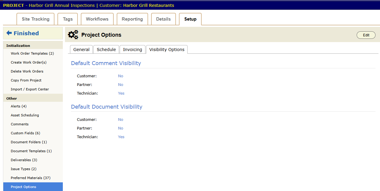 The Visibility Options tab in Project Options. It sets the default comment and document visibility for customers, partners and technicians. The customer work order setting is on the General tab