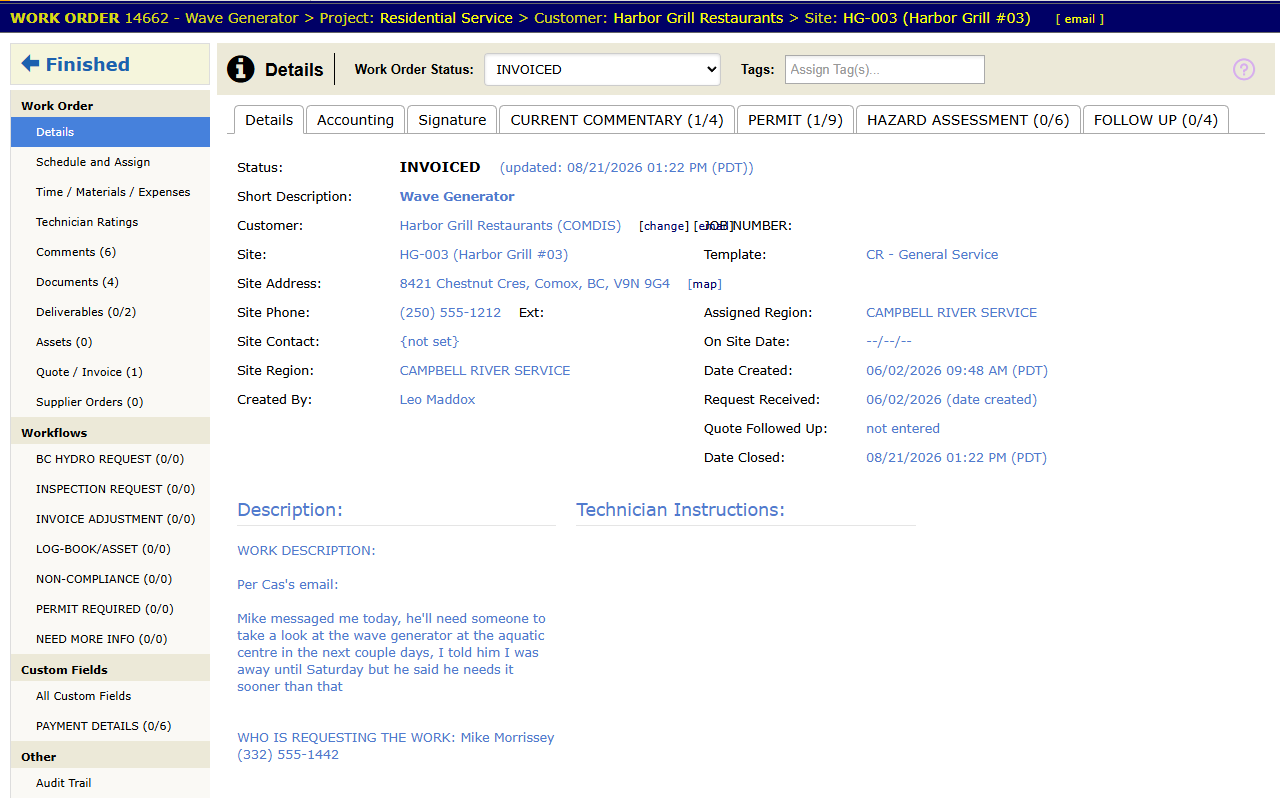 A work order screen with its full panel list on the left, grouped under Work Order, Workflows, Custom Fields and Other, with counts beside the panels
