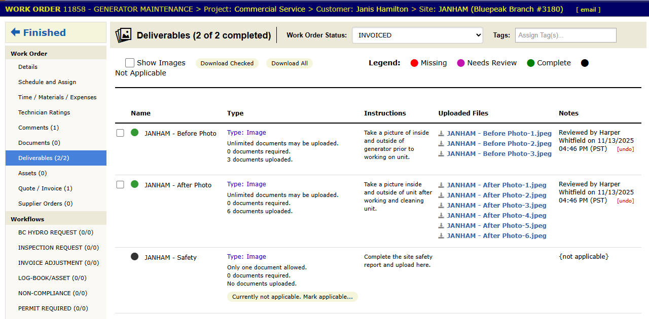 The Deliverables panel on a work order. The heading counts how many are complete. Each row shows its status and the files uploaded for it.