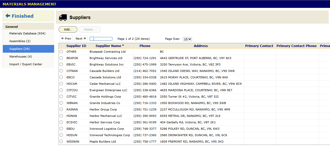 The Suppliers panel in Materials Management, listing the companies you buy parts from