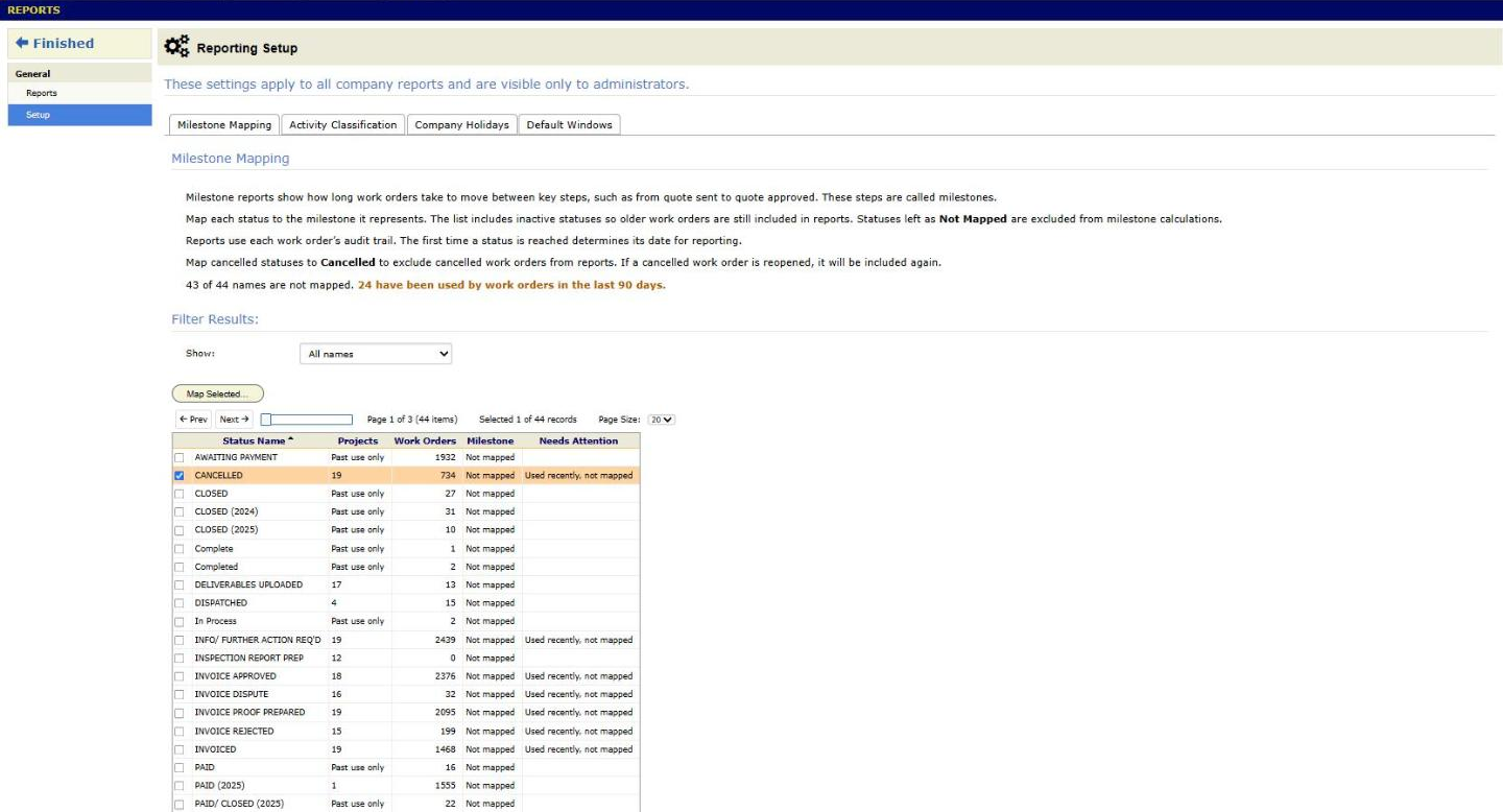 The Milestone Mapping tab in Reporting Setup. Each status name shows the milestone it maps to. Tick names and press Map Selected... to pick their milestone