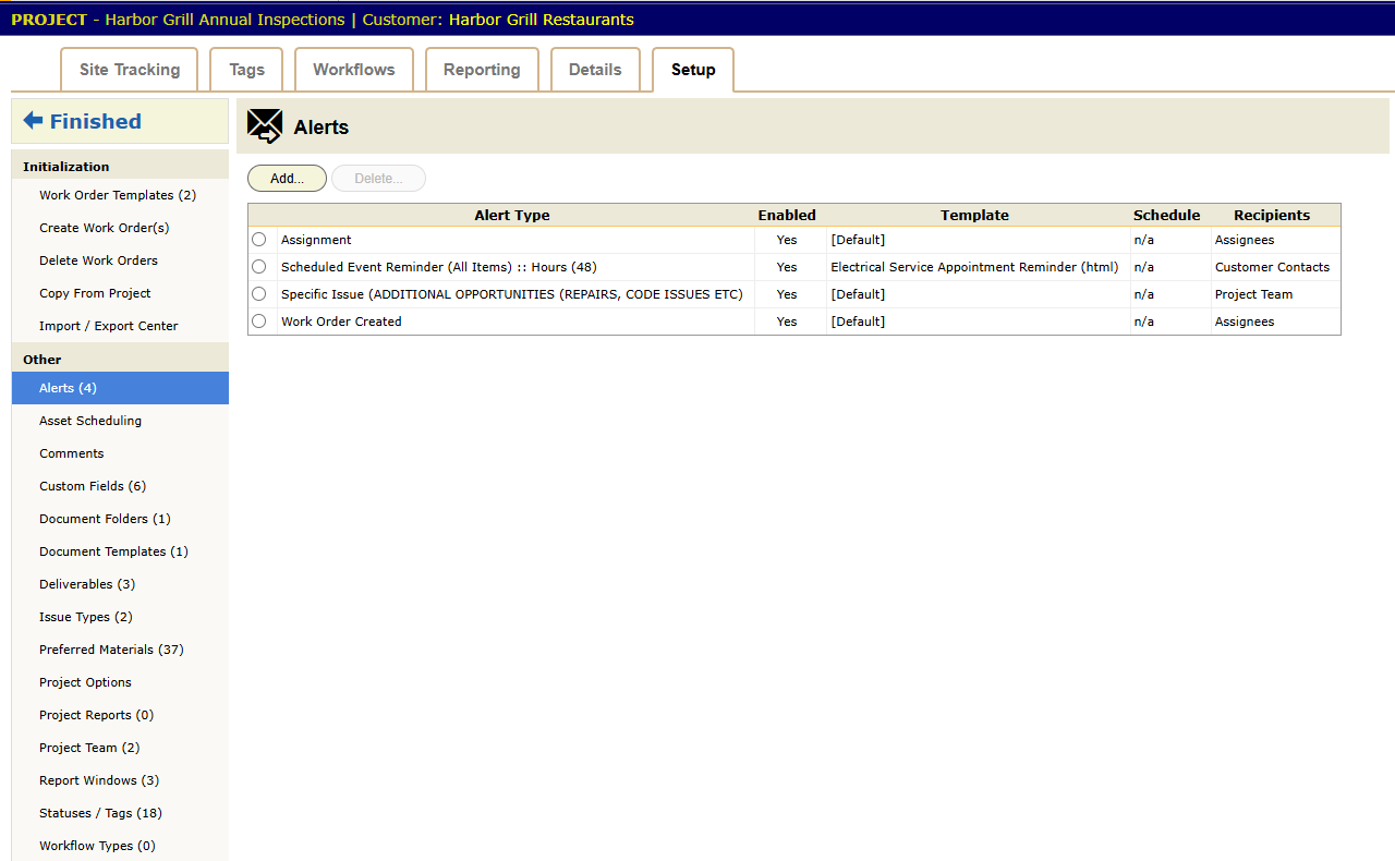A project screen with its tabs across the top and the Setup tab's panels down the left