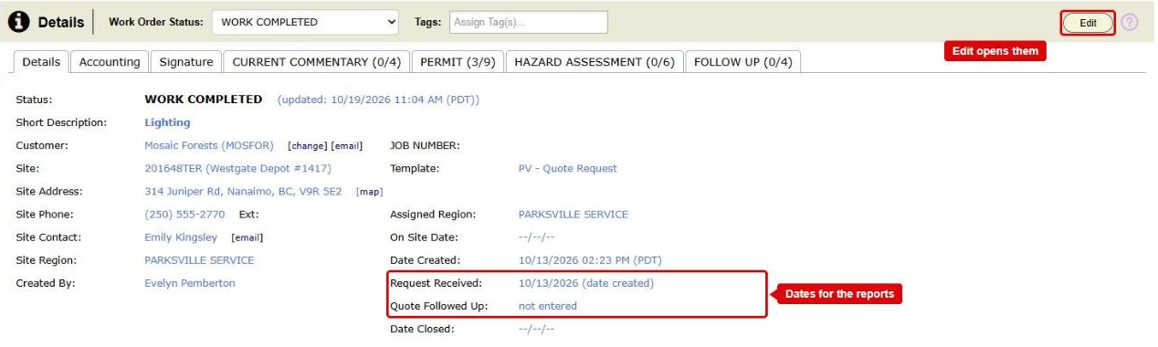 The Details panel of a work order. The Request Received and Quote Followed Up dates are boxed in red, and so is the Edit button that changes them