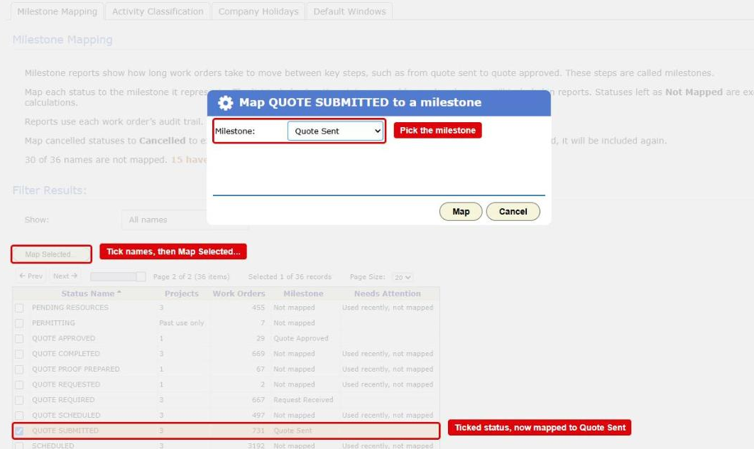 The Milestone Mapping tab in Reporting Setup with the Map dialog open. The Map Selected... button, a ticked status and the Milestone list are boxed in red
