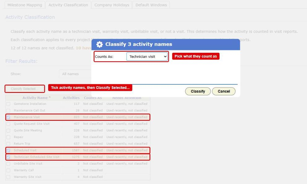 The Activity Classification tab in Reporting Setup with the Classify dialog open. The Classify Selected... button, three ticked activity names and the Counts As list are boxed in red