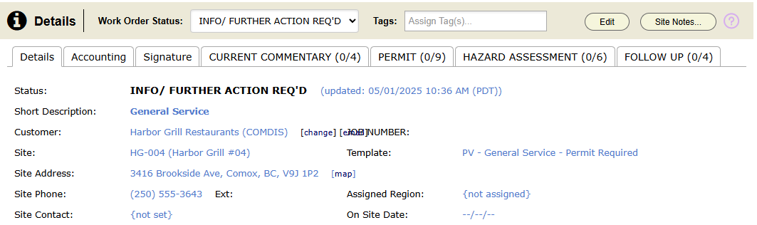 The Details panel on a work order. The current status sits at the top, and a Site Notes button appears in the panel header