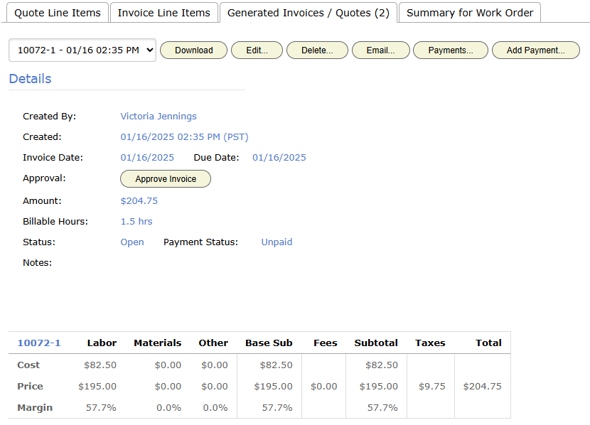 The Generated Invoices / Quotes tab, with an open invoice picked. Approve Invoice sits under Details. The buttons above it email the invoice and record payments.