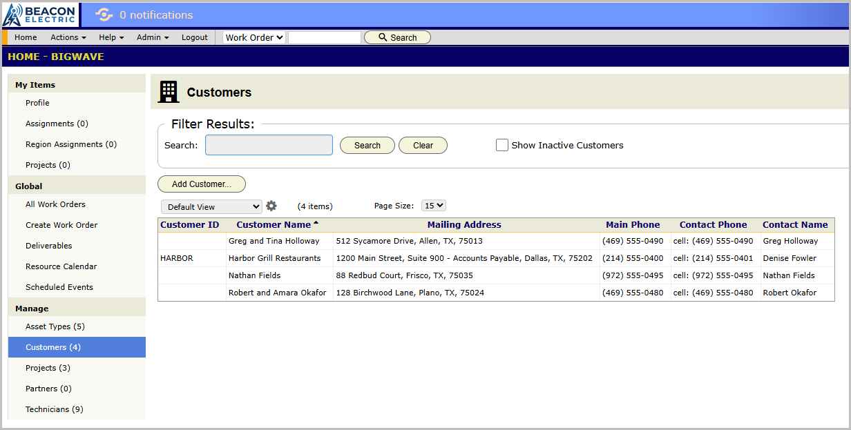 The Customers grid in a demo tenant, showing Harbor Grill Restaurants as a business customer alongside the Okafor residential record (osxm)