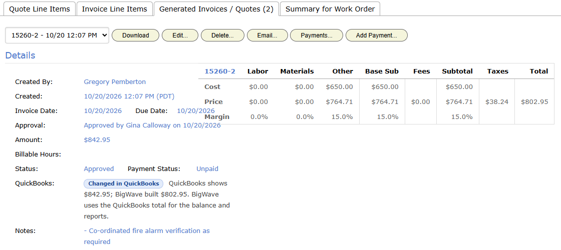 An invoice marked Changed in QuickBooks. The Amount shows the QuickBooks total, and the QuickBooks row gives both totals.