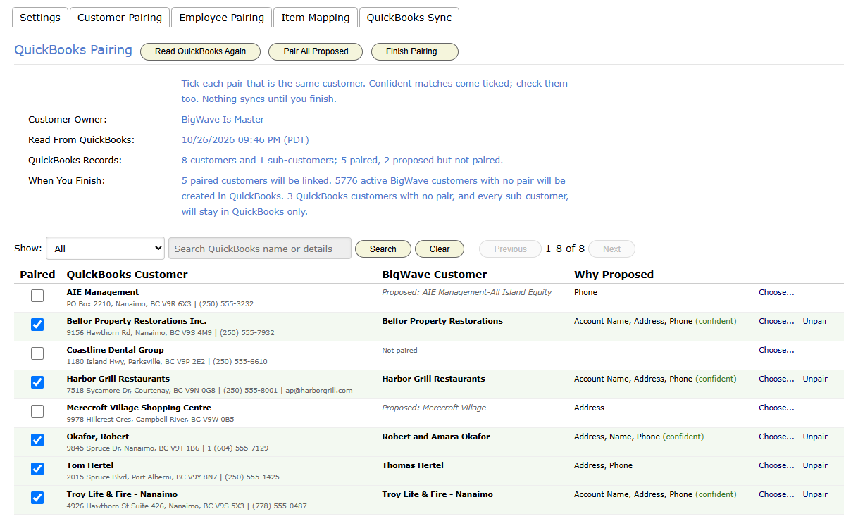 The Customer Pairing tab, part way through review. Confident matches are ticked, weaker ones are proposed but not ticked, and one QuickBooks customer has no match.