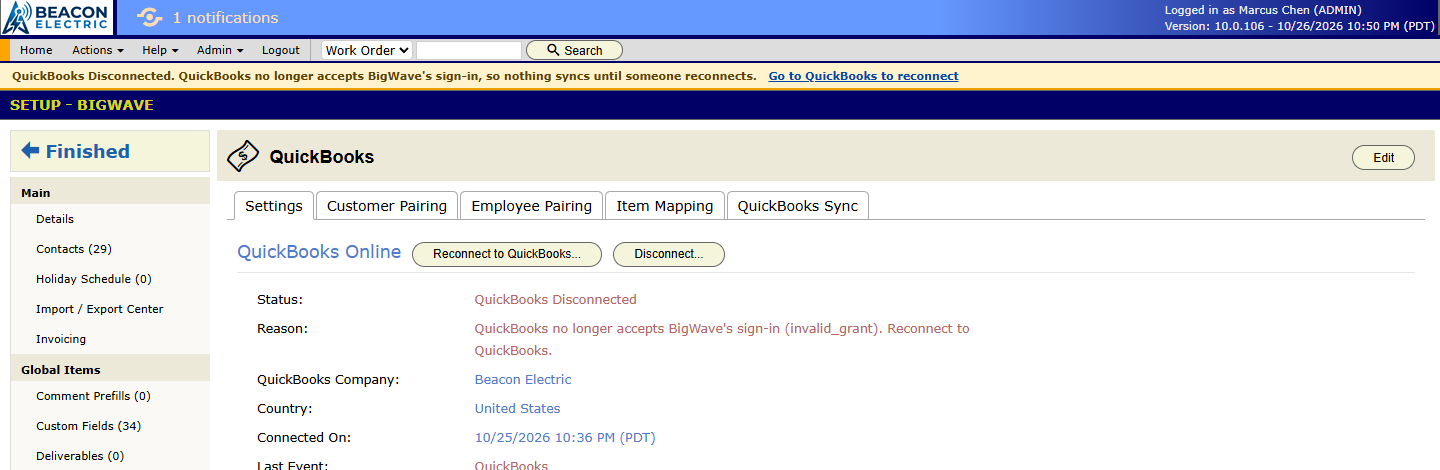 The QuickBooks Disconnected banner across the top of the page, and the Settings tab showing the reason and a Reconnect to QuickBooks button.