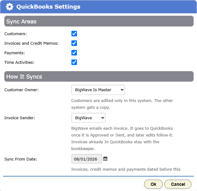 The QuickBooks Settings dialog: a box for each Sync Area, then Customer Owner, Invoice Sender and Sync From Date, each with a note on what it does.