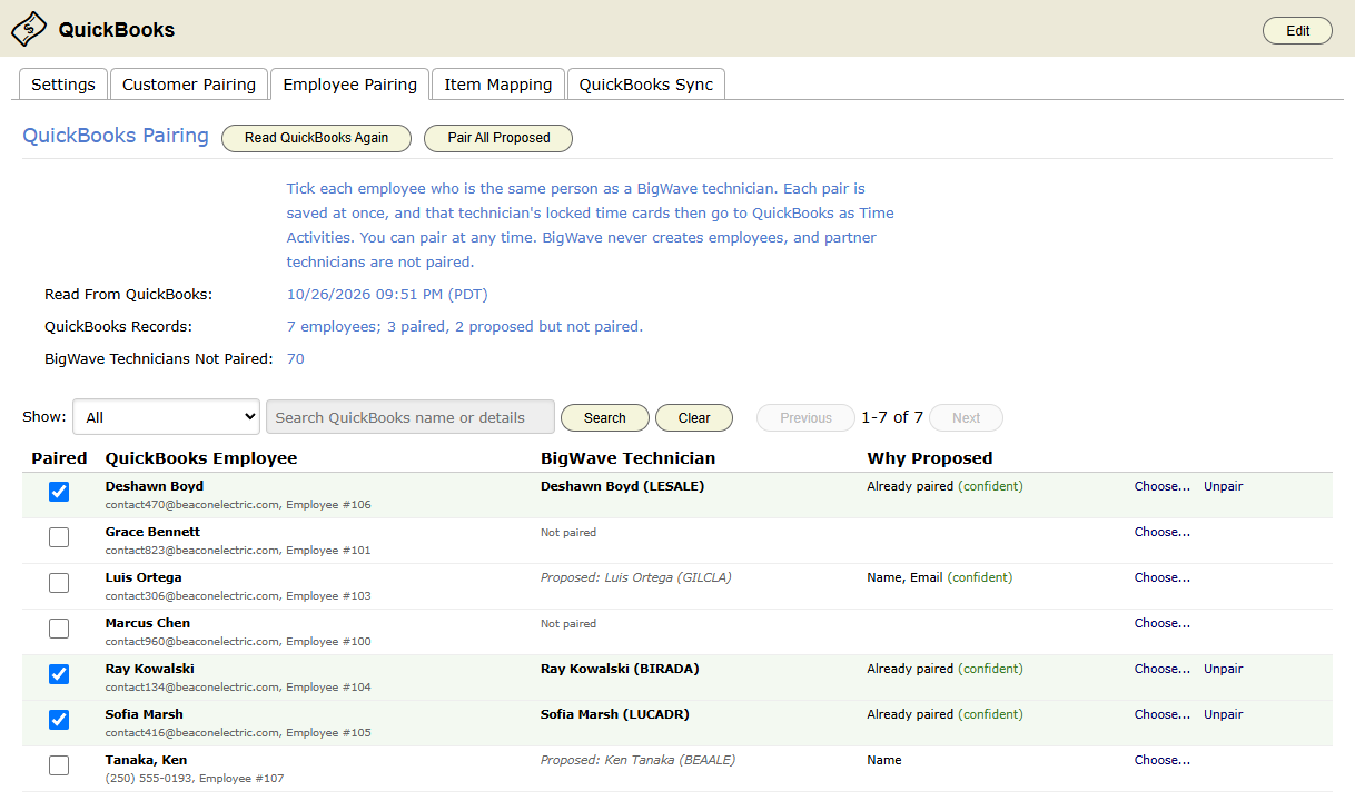 The Employee Pairing tab. Three employees are paired with technicians, two have proposals waiting, and two office staff have no technician.