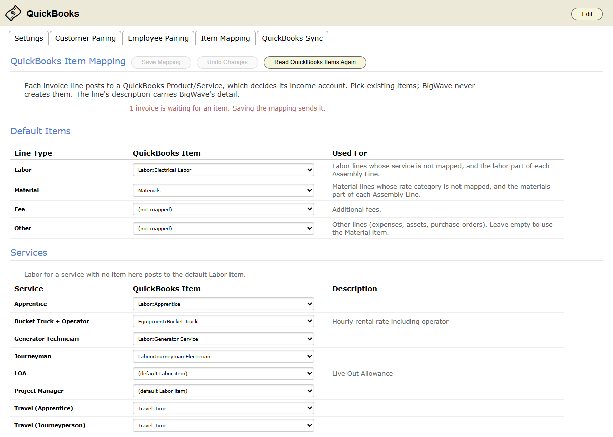 The Item Mapping tab: a QuickBooks item picked for each default line type and each service. A note in red says one invoice is waiting for an item.