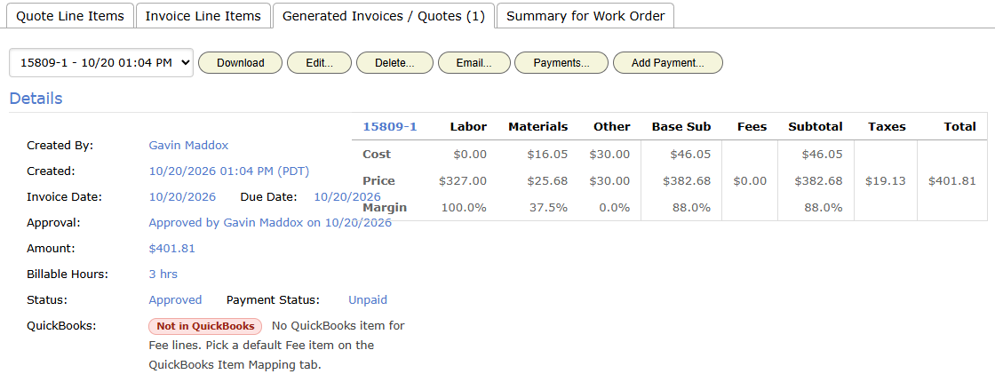 An invoice that is Not in QuickBooks. The reason beside the badge says which default item is missing on the Item Mapping tab.