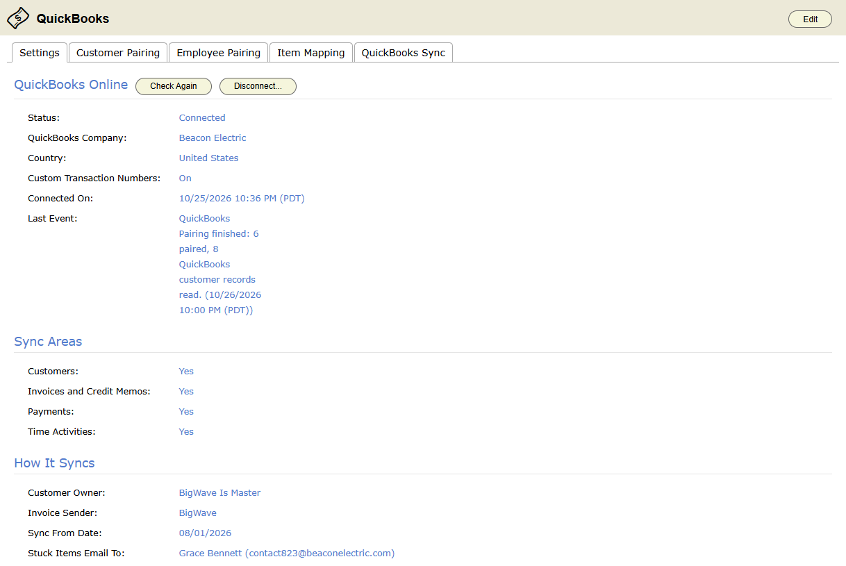 The Settings tab of the QuickBooks page for a connected file, with the Sync Areas and the How It Syncs settings.