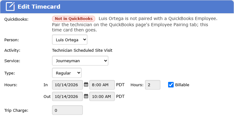A time card for a technician who is not paired yet. The QuickBooks row says Not in QuickBooks and tells you to pair the technician on the Employee Pairing tab.