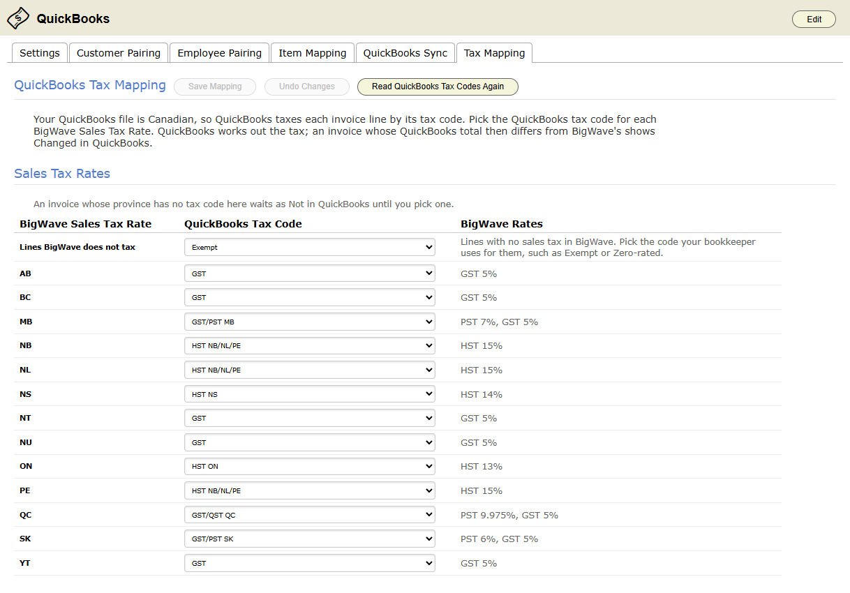 The Tax Mapping tab for a Canadian QuickBooks file: each province's BigWave Sales Tax Rate with the QuickBooks tax code picked for it, and BigWave's own rates beside it.