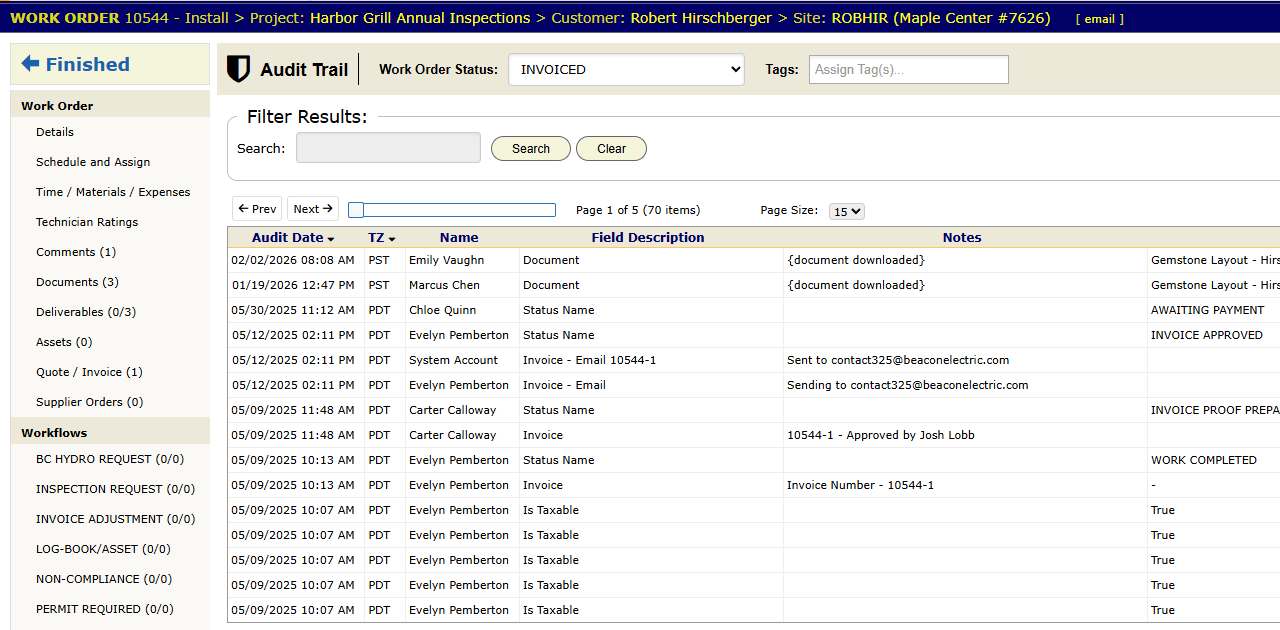 The Audit Trail panel on a work order. Each row is one change, with who made it and when