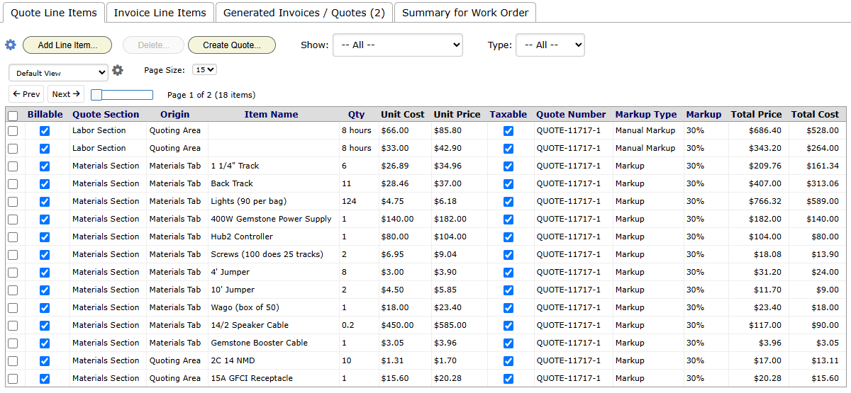 The Quote Line Items tab on Quote / Invoice. The Origin column shows where each line came from, with cost and price side by side.
