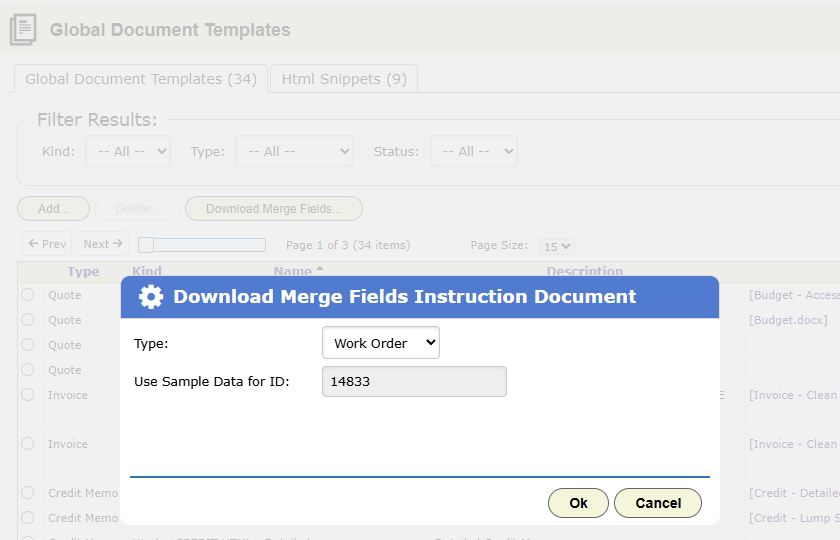 The Download Merge Fields dialog, with Work Order chosen as the Type and a sample work order ID entered