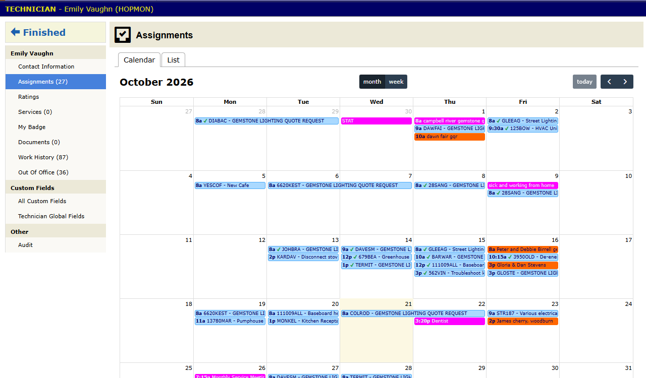 A technician's Assignments panel, opened from his technician record. The calendar shows his jobs by date.