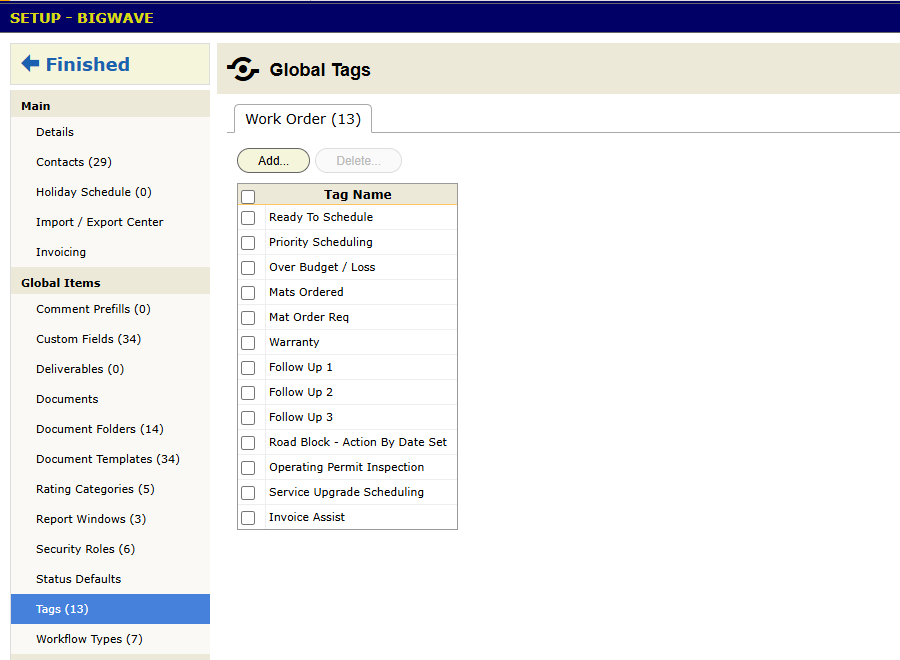 The Global Tags panel in Setup, on its Work Order tab