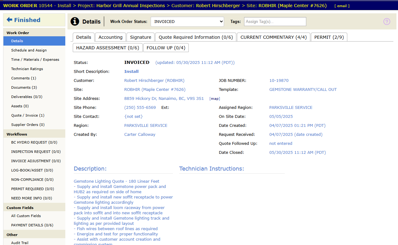 The work order screen. Its panels run down the left in groups, and the open panel fills the right