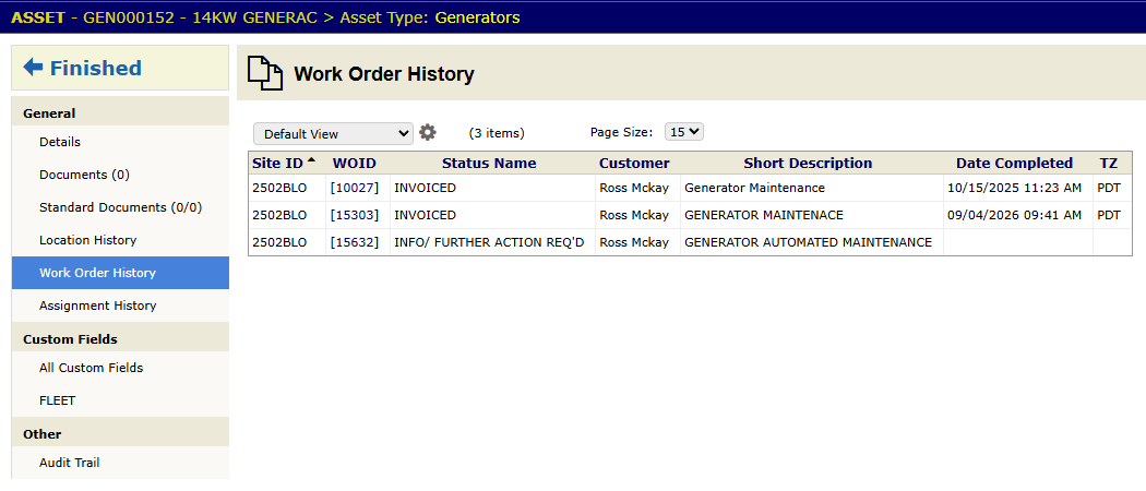 The Work Order History panel on an asset, listing past jobs on this piece of equipment.