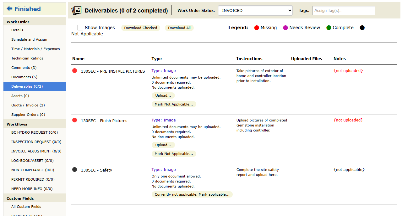 The Deliverables panel on a work order. The legend colors each item as Missing, Needs Review, Complete or Not Applicable, and the heading counts the completed items