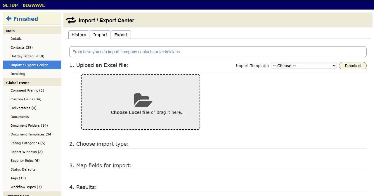 The company Import / Export Center under Actions > Setup, open on the Import tab with its four numbered steps