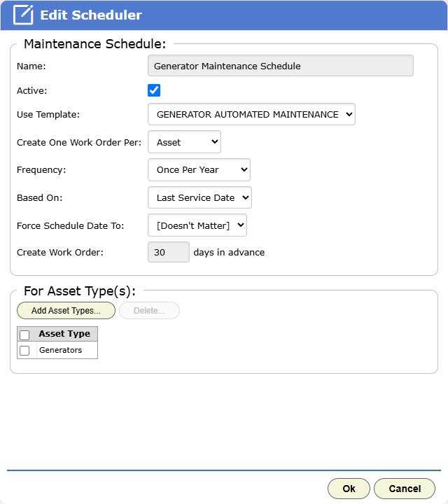 The Edit Scheduler dialog in a project's Asset Scheduling setup. It sets the template, one work order per asset, the frequency, what the schedule is based on and how many days in advance to create the work order.