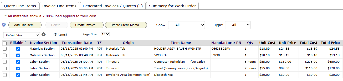 The Invoice Line Items tab on a finished job. The Origin column shows each line's source, with cost and price side by side.