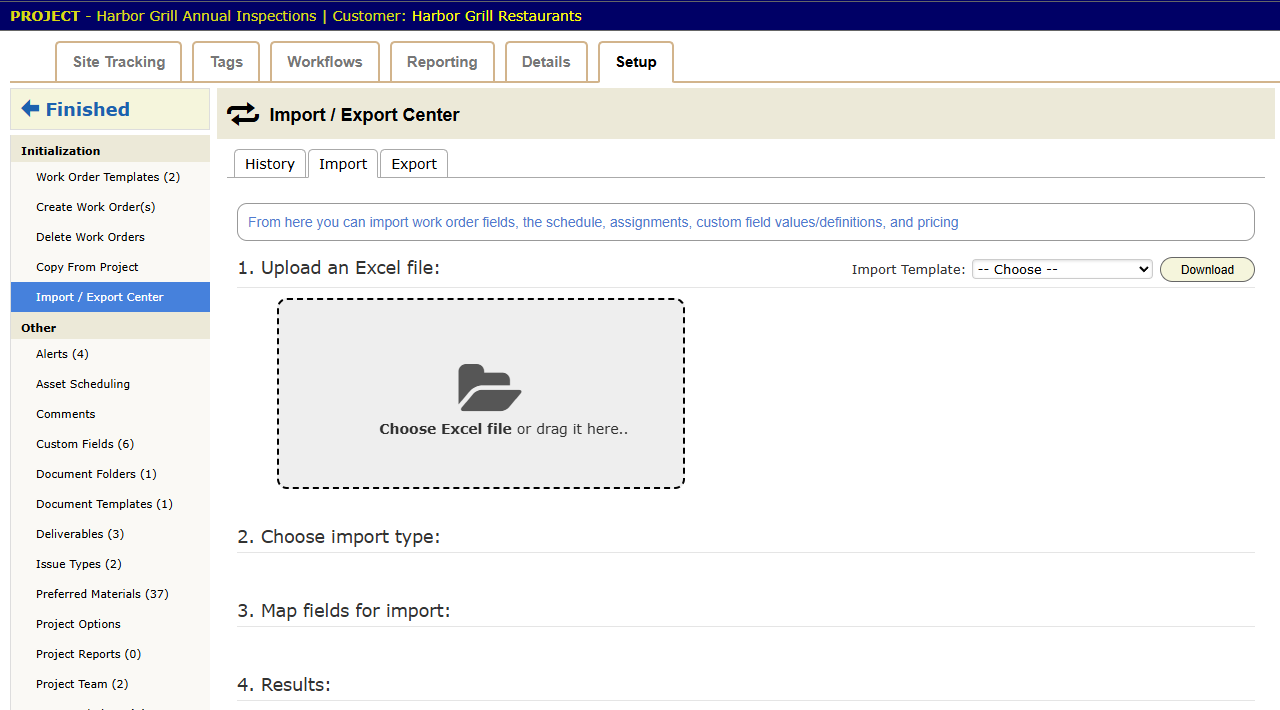The project's Import / Export Center. You upload a spreadsheet, choose the import type, map its columns, then read the results