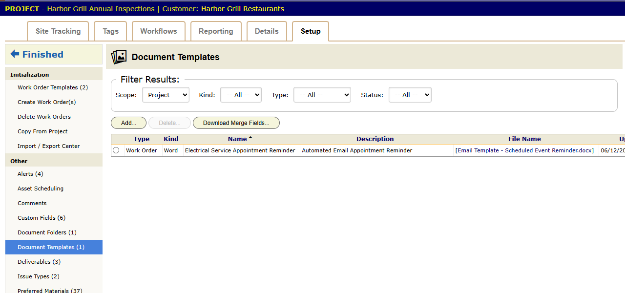 The Document Templates panel in Project Setup. A Scope filter picks project or company templates, and Add, Delete and Download Merge Fields sit above the list